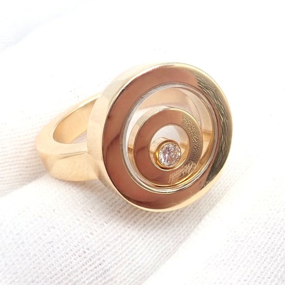 Authentic! Chopard 18k Yellow Gold Diamond Double Circle Happy Spirit Ring - Picture 10 of 12